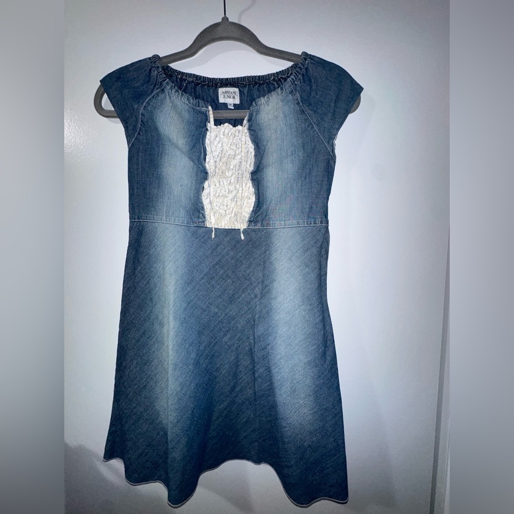 Armani Junior Blue Denim Dress with Cream Lace